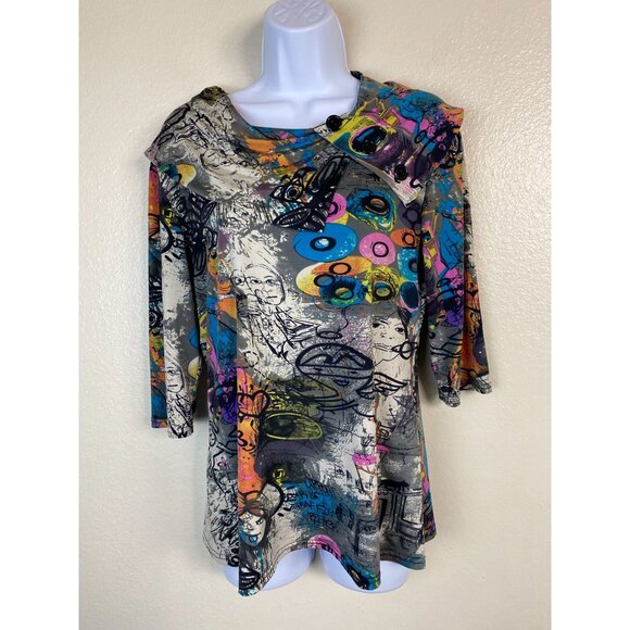 Joseph Ribkoff Abstract Graffiti Art Tunic Top size 12 Asymmetrical Button Boho - Picture 16 of 16